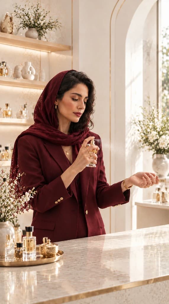 زنی با کت و روسری شرابی در فضای روشن عطر، در حال زدن عطر روی مچ دست